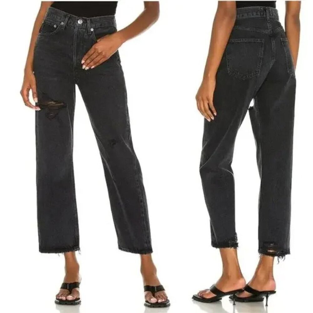 Agolde Washed Black Distressed Ankle Crop Jeans